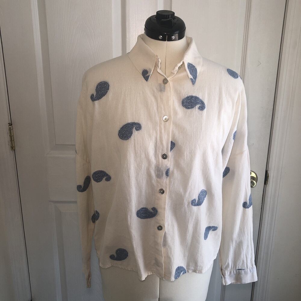 womens sz LG shirt blouse Made in Italy button up Paisley embroidered boxy Euro